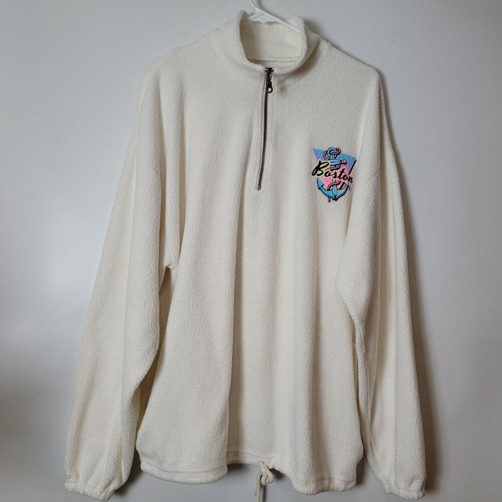 Unisex - Boston Embroidered White Pullover Sweatshirt With Drawstring Hem